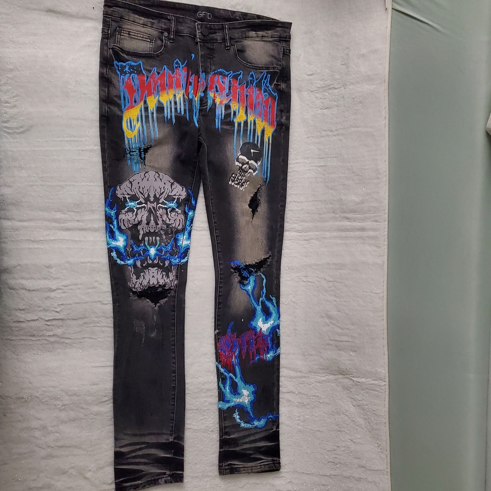Men's GFTD Black Skinny Jeans with Neon Graphics